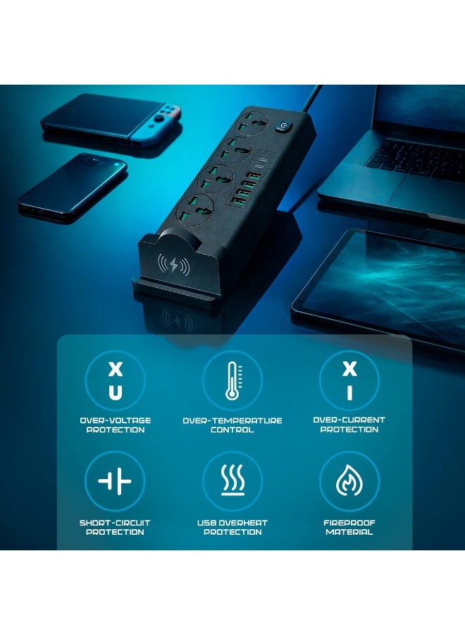 AMROAH موزع طاقة عالمي مع 4 مآخذ تيار متردد، 4*USB-A و 2*USB-C، قاعدة شحن لاسلكية سريعة PD، واقي من زيادة التيار، سلك تمديد مع حماية من الحمل الزائد، محطة شحن متعددة الأجهزة للاستخدام المنزلي والمكتبي - Image 5